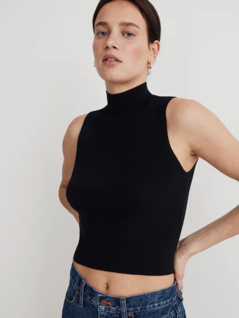 Madewell Black Sleeveless Mock Neck Ribbed Crop Tank